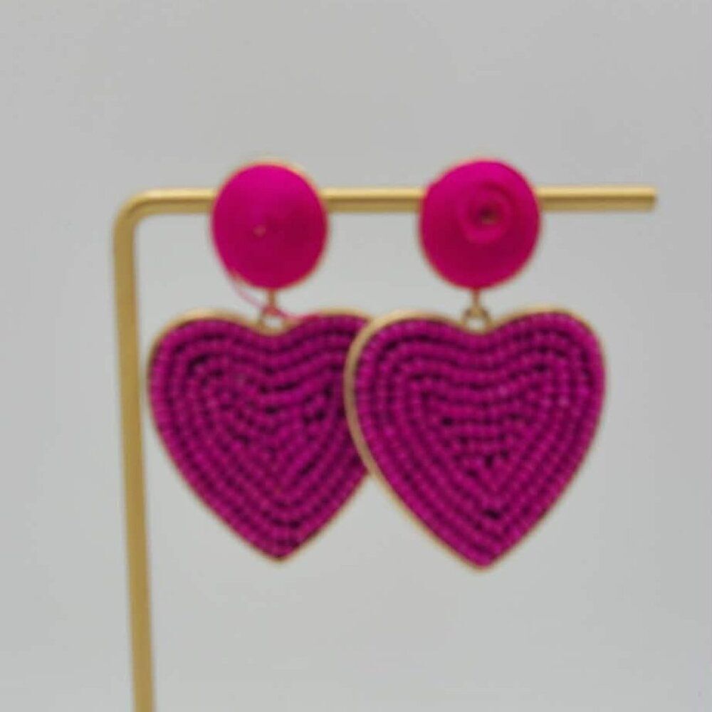 J Crew Red Beaded Gold Tone Heart Earrings